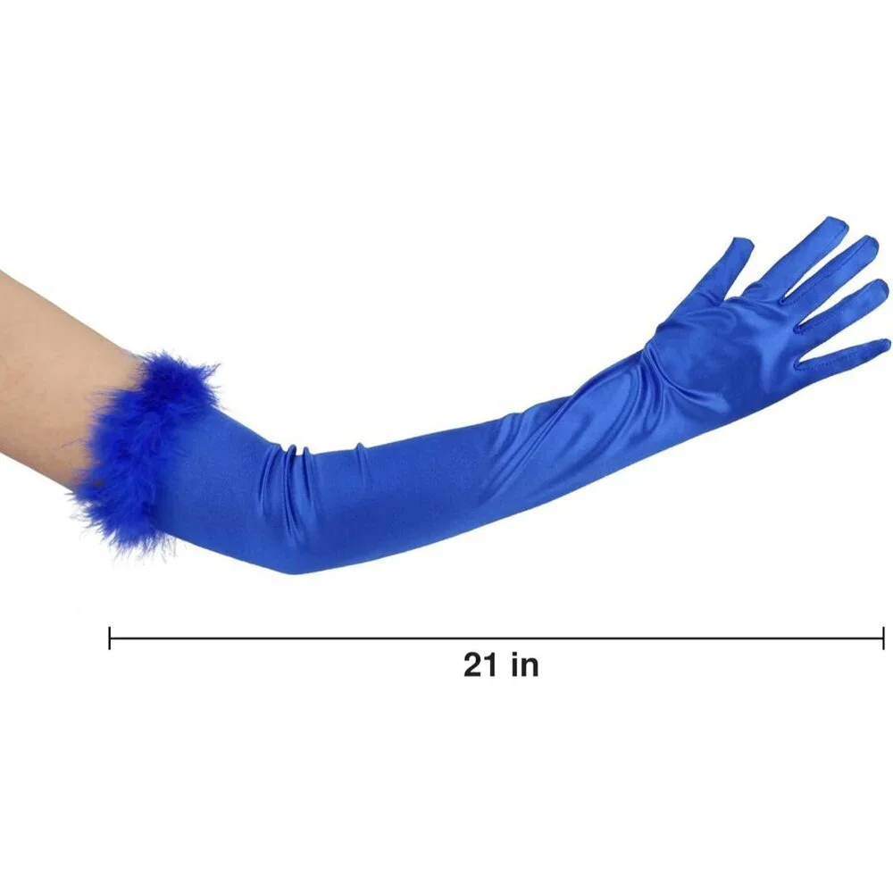 Women's Long Elbow Length Blue Satin Feather Trim Evening Gloves Tea Party